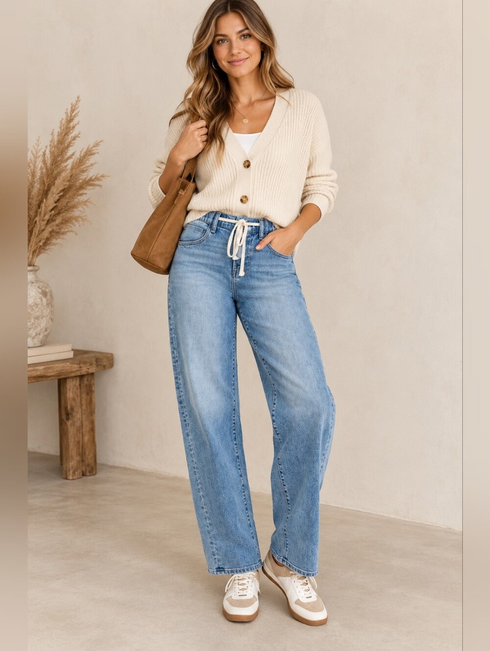 RISEN Women's Slouchy Barrel Jeans Elastic Tie Waist Medium Stretch Various NEW